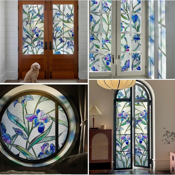 Window Privacy Stained Glass Film Decorative IRIS Flower Static Cling 17x118 in - Picture 4 of 4